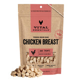 Vital Essentials freeze-dried chicken breast dog treat in bag highlights premium protein.