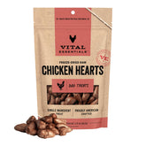 Vital Essentials freeze-dried chicken hearts in a bowl, high-protein dog snack.