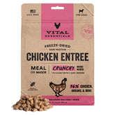 Vital Essentials freeze-dried chicken mini nibs in a bowl, high-protein meal option.