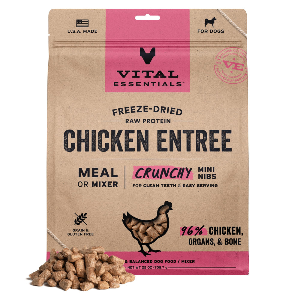 Vital Essentials freeze-dried chicken mini nibs in a bowl support lean muscles and energy.