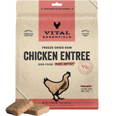 Vital Essentials freeze-dried chicken mini patties in bag, high-protein meal option for active dogs.