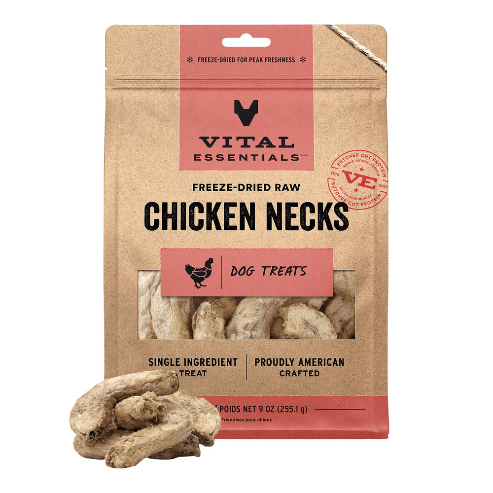 Vital Essentials freeze-dried chicken necks dog treats – high protein snack for active dogs.
