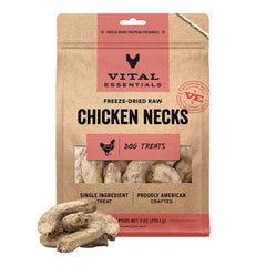 Vital Essentials freeze-dried chicken necks dog treats – high protein snack for active dogs.