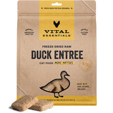 Vital Essentials freeze-dried duck mini patties packaging highlights premium protein for active cats.
