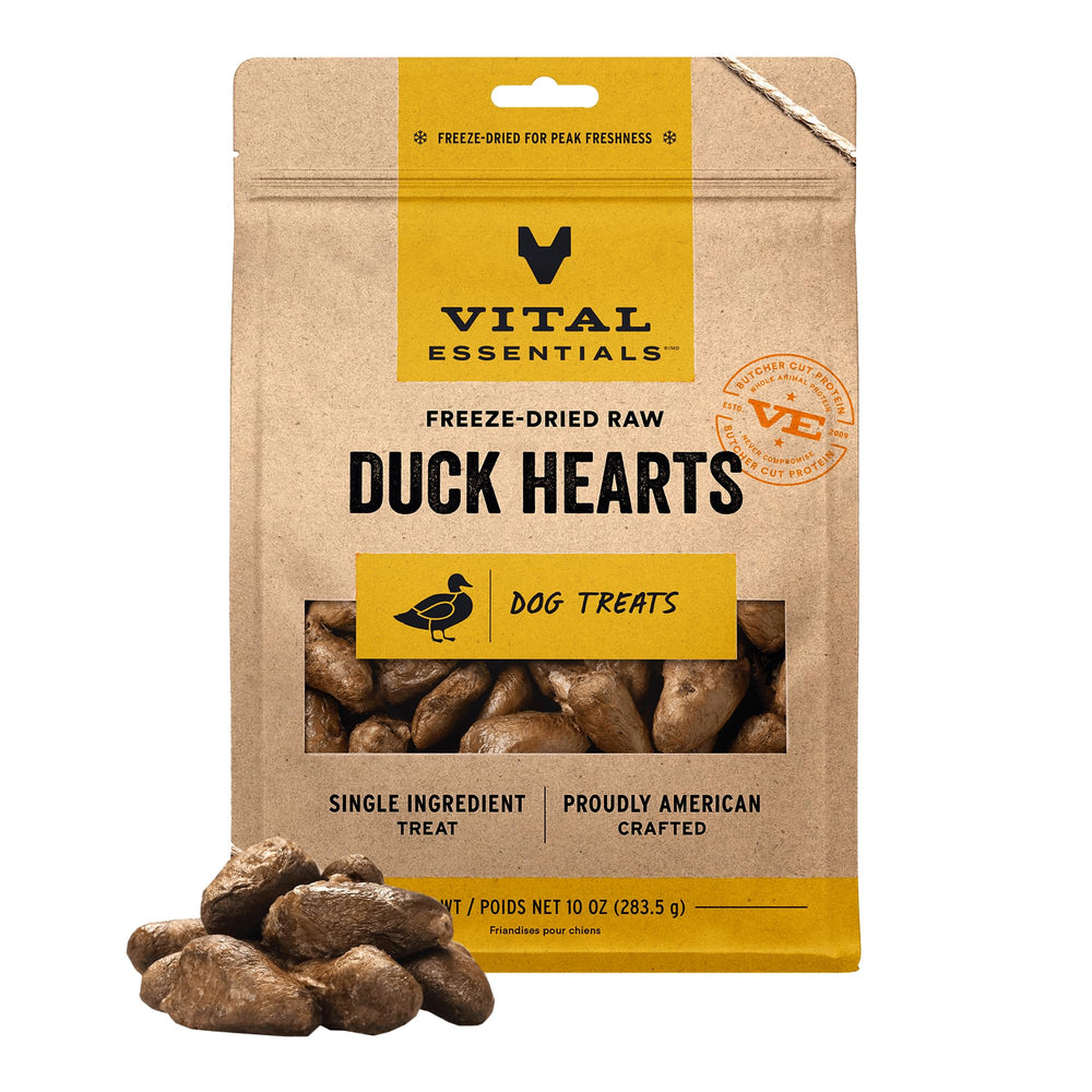 Vital Essentials freeze-dried duck hearts pack shot highlighting single-ingredient protein