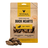 Vital Essentials freeze-dried duck hearts pack shot highlighting single-ingredient protein