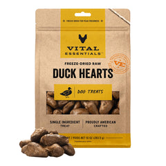 Vital Essentials freeze-dried duck hearts pack shot highlighting single-ingredient protein