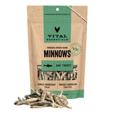 Vital Essentials freeze-dried minnows bag front shows single-ingredient, protein-rich formula.