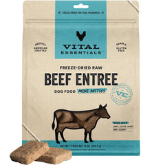 Vital Essentials freeze-dried raw beef mini patties bag – high-protein option for active dogs.