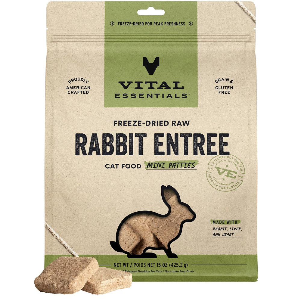 Vital Essentials freeze-dried rabbit mini patties in bag for cat meals