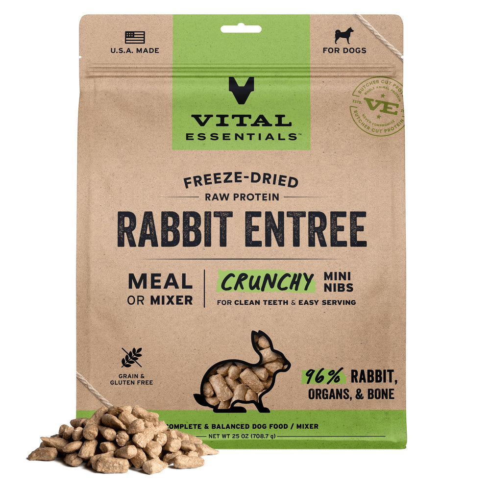 Vital Essentials rabbit mini nibs bag shows grain-free protein option for meals