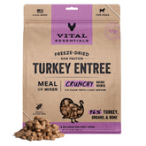 Vital Essentials freeze-dried raw turkey mini-nibs bag highlights premium protein for lean muscle and energy.