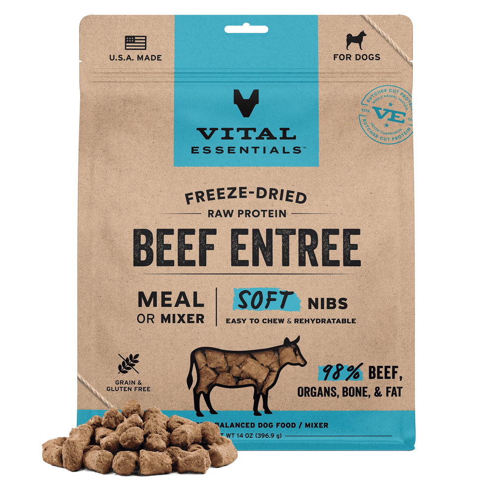 Vital Essentials Freeze Dried Soft Nibs beef chunks in a bowl offer protein-packed meal