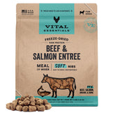 Vital Essentials freeze-dried soft nibs beef and salmon bag close-up with high-protein nutrition