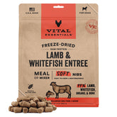 Vital Essentials freeze-dried soft nibs with lamb and whitefish in a dog bowl for protein-packed nutrition.
