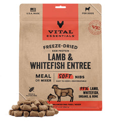 Vital Essentials freeze-dried soft nibs with lamb and whitefish in a dog bowl for protein-packed nutrition.