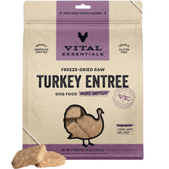 Vital Essentials freeze dried turkey mini patties in a bowl support lean muscle and energy.
