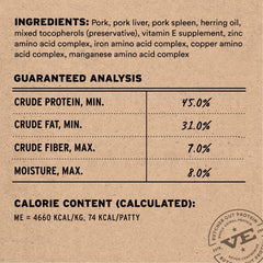 Vital Essentials rehydrate pork cat food patties ready to serve as moisture-rich complete meal