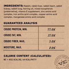 Vital Essentials rehydrated rabbit patties with warm water for palatability.