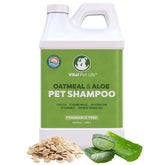 Vital Pet Life dog shampoo oatmeal bottle pour for gentle cleansing.
