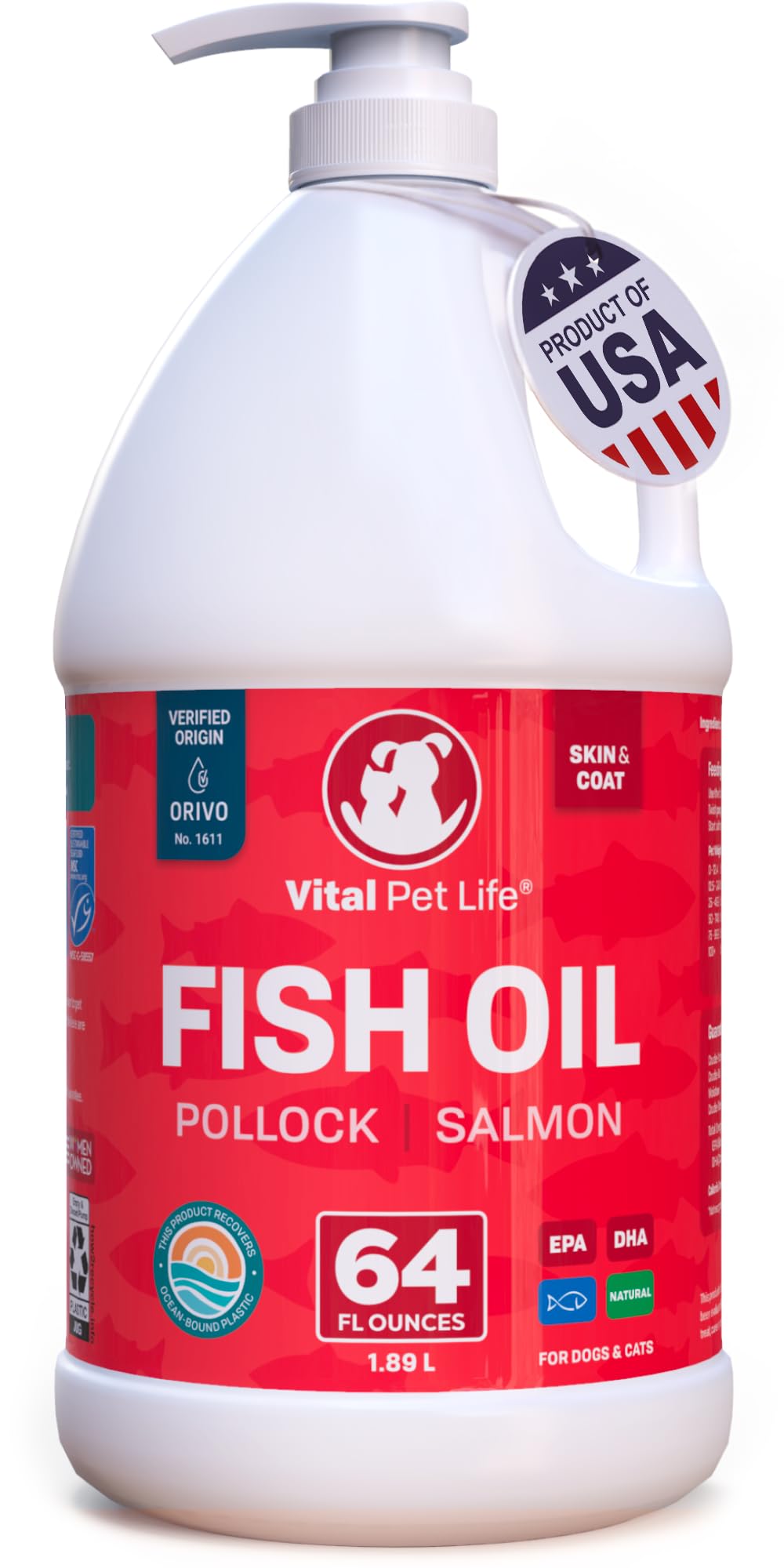 Vital Pet Life Fish Oil for Dogs bottle highlights a premium omega-3 source for healthier coats.