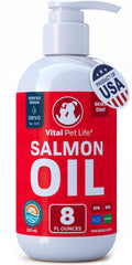 Vital Pet Life Salmon Oil bottle closeup hints at a healthier coat