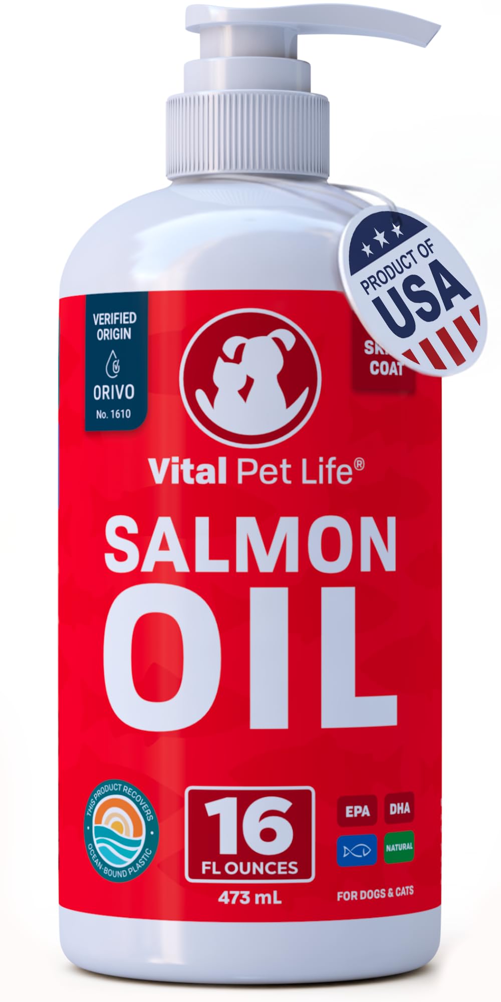 Vital Pet Life Salmon Oil bottle pour shows easy serving and coat nourishment.