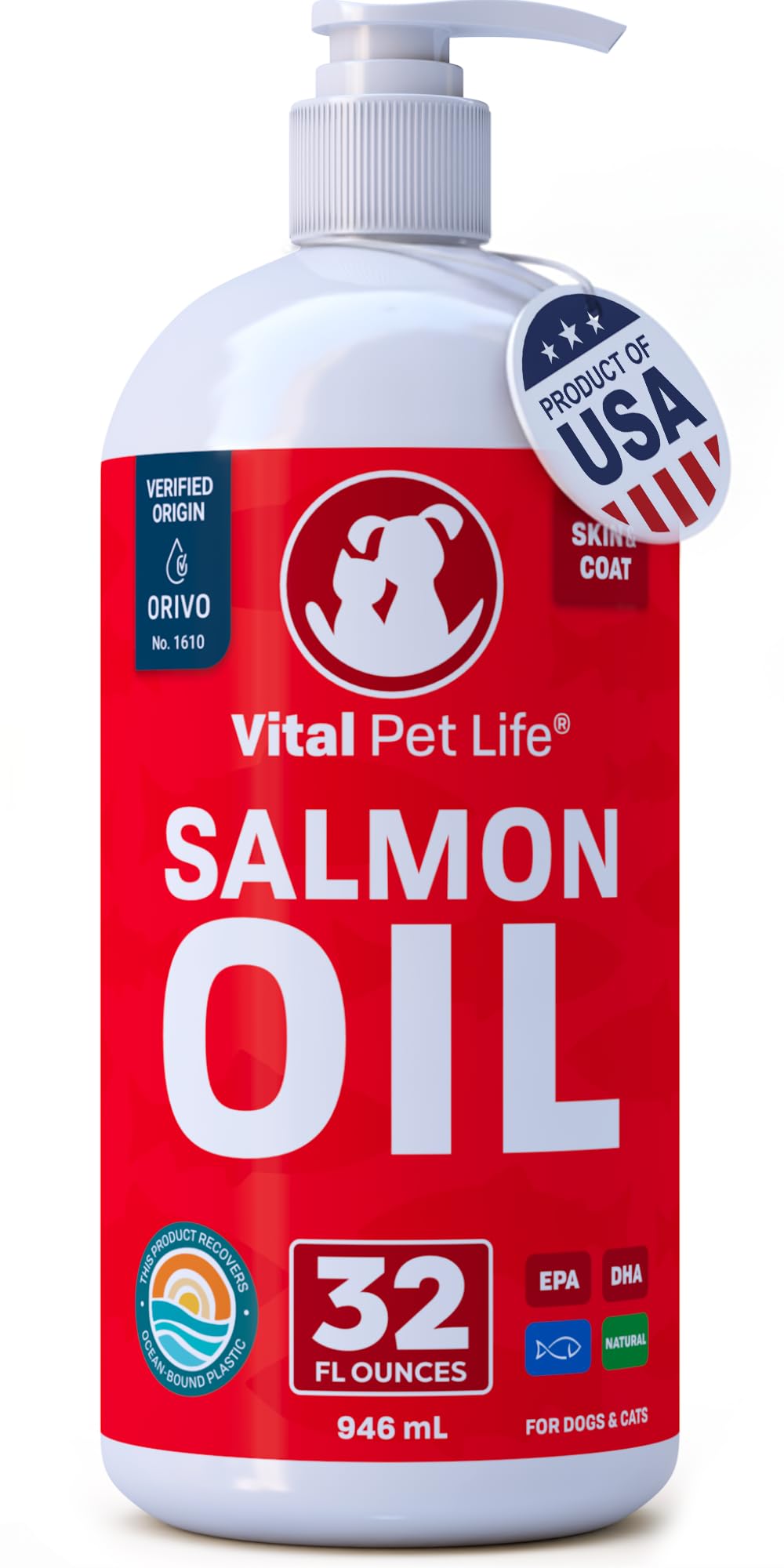 Vital Pet Life salmon oil bottle pour for easy dosing and coat care
