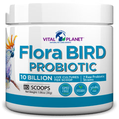 Vital Planet Flora Bird bottle label highlights high potency probiotic formula for birds