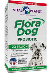 Vital Planet Flora Dog probiotic bottle on shelf signaling daily digestive balance.