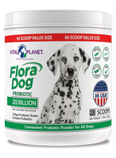 Vital Planet Flora Dog powder bottle for digestive balance.