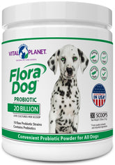 Vital Planet Flora Dog Probiotic powder bottle pour showing high-potency formula for daily use