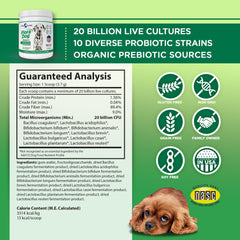 Powder sprinkled on dog food to support balanced gut health with Flora Dog