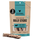 Vital Essentials freeze-dried bully stick package showing premium protein and grain-free appeal.