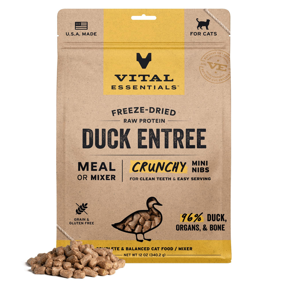 Vital Essentials freeze-dried duck cat food mini nibs bag shows premium protein