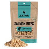 Vital Essentials salmon bites bag front, freeze-dried single-protein treats for training and daily snacking.