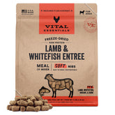 Vital Essentials freeze-dried soft nibs bag front highlights premium lamb and whitefish protein