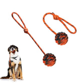 Vitalili dog training ball on rope, natural rubber for fetch and chew.