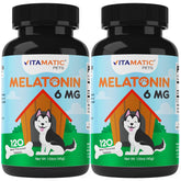 Vitamatic Melatonin for Dogs front label shows beef flavor and 6 mg per chew for calming routines.