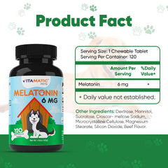 Two-bottle Vitamatic Melatonin for Dogs pack on display supports convenient dosing for calmer evenings.
