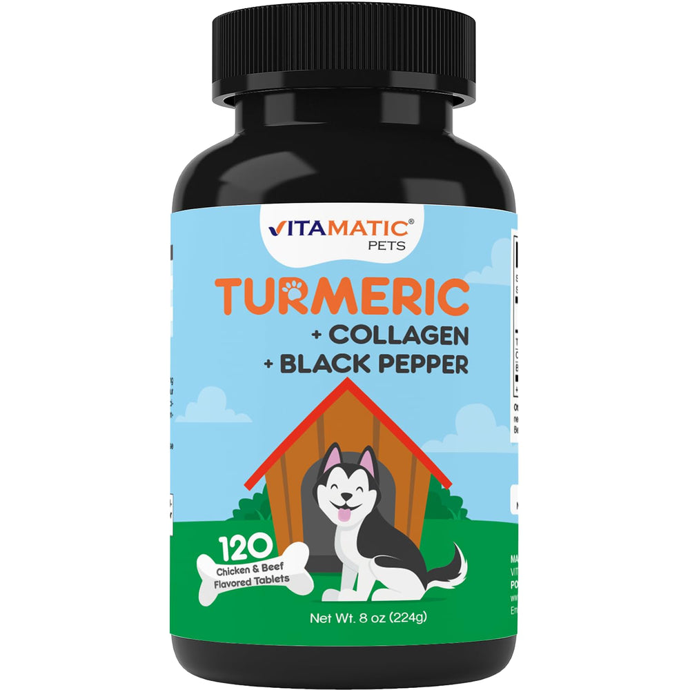 Vitamatic Turmeric for Dogs bottle front showing palatable joint-support chews