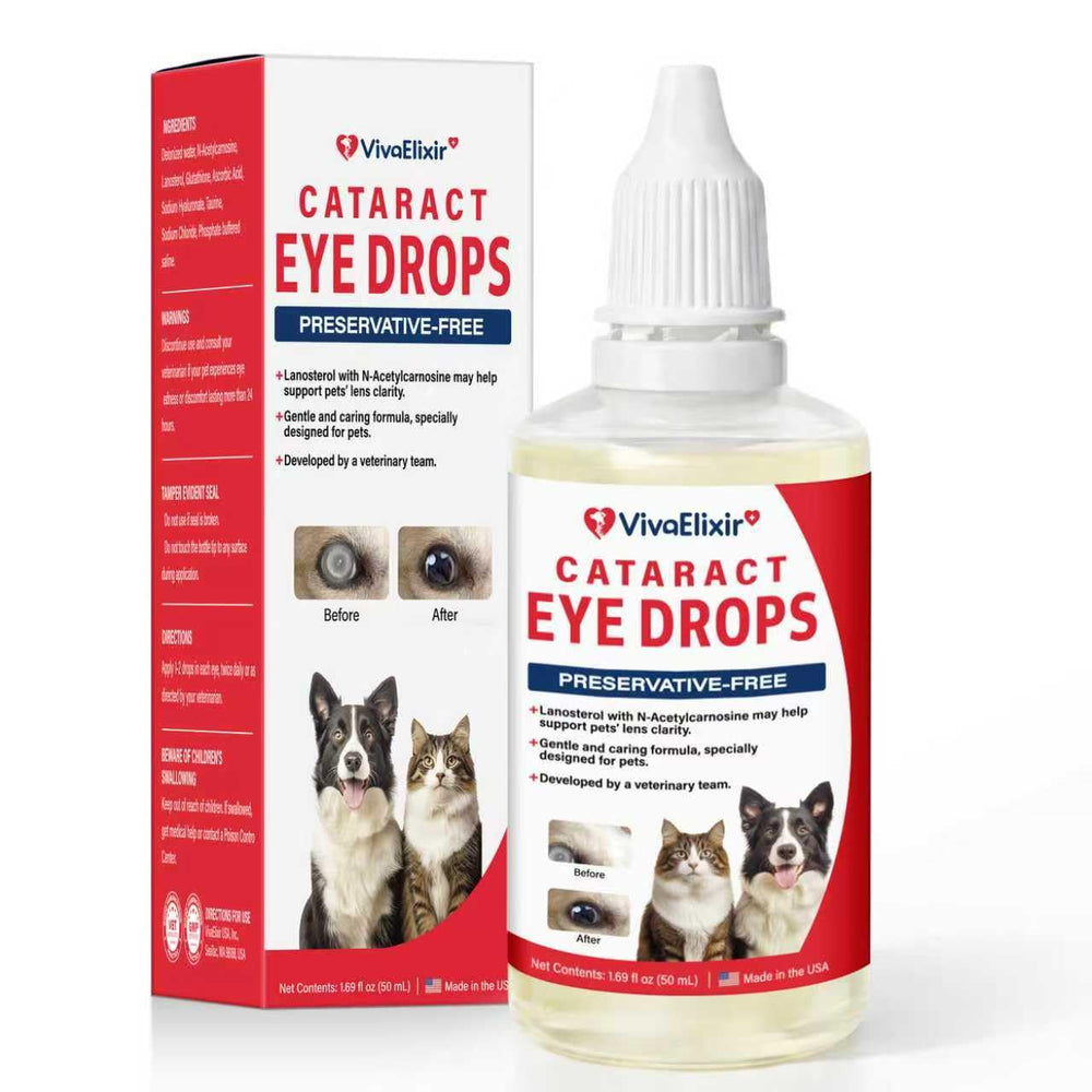VivaElixir cataract drops bottle close-up for gentle, preservative-free pet eye care