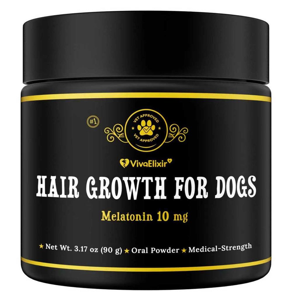 VivaElixir Melatonin for Dogs bottle label highlights calm nights and hair growth support.