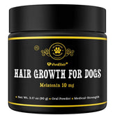 VivaElixir Melatonin for Dogs bottle label highlights calm nights and hair growth support.