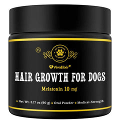 VivaElixir Melatonin for Dogs bottle label highlights calm nights and hair growth support.