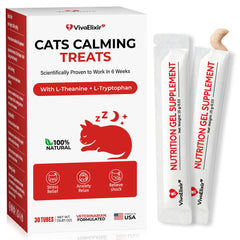 VivaElixir Cat Calming Treats tube closeup promotes quick calm for anxious cats.