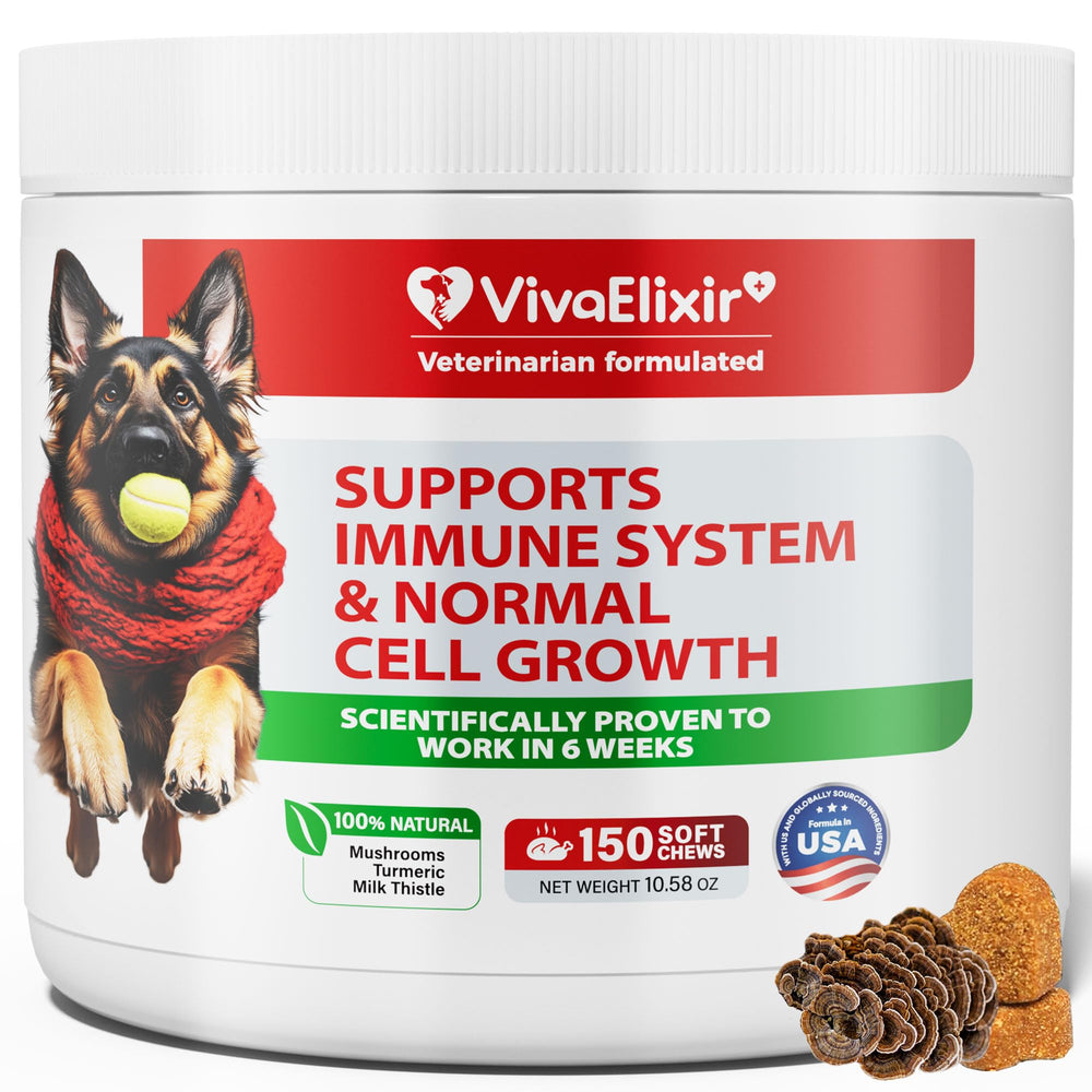VivaElixir dog lumps supplement bottle illustrating immune-support formula for dogs