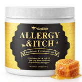 VivaElixir Manuka Honey for Dogs bottle label highlights natural ingredients for allergy support