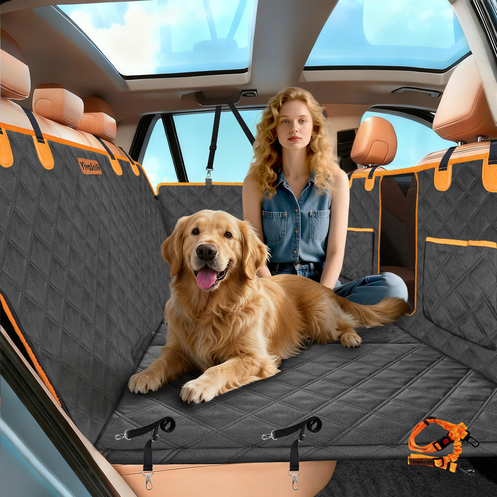 VIVASNIFF hard bottom back seat extender provides sturdy, roomy space for dogs on car trips.