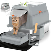Vivifying stainless steel litter box with lid, front-entry design for easy access.